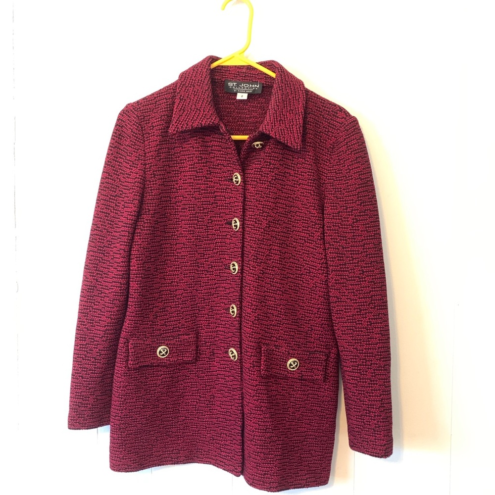St. John Metallic Dark Red Black Woven Tweed Military Style Jacket Blazer 2